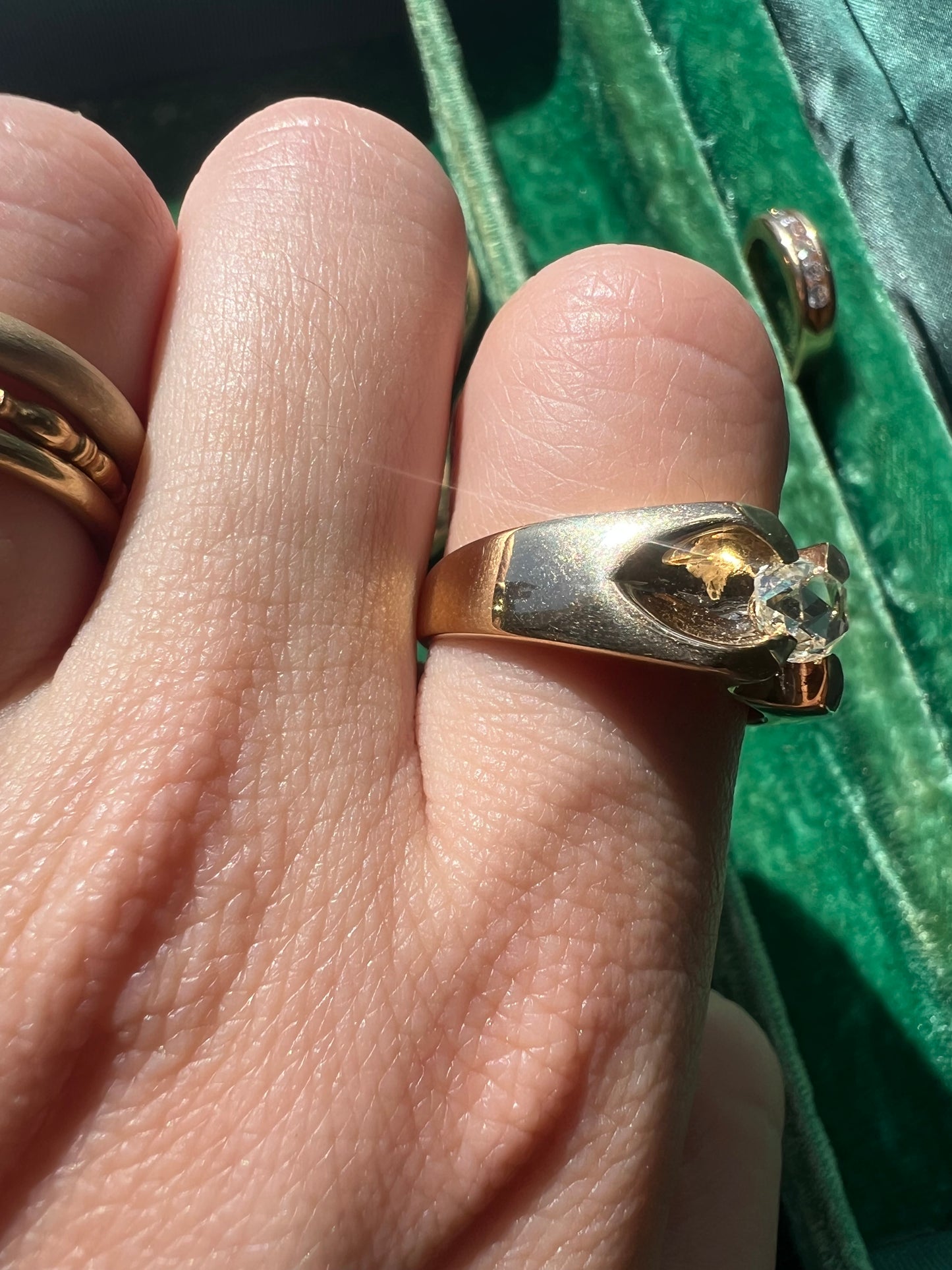 Heavy 14k Gold Vintage Belcher(ish) Ring with Oval Rosecut Diamond