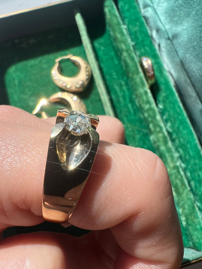 Heavy 14k Gold Vintage Belcher(ish) Ring with Oval Rosecut Diamond