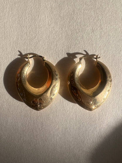 Hand Engraved Extra Fancy 14k Gold Puffy Hoops