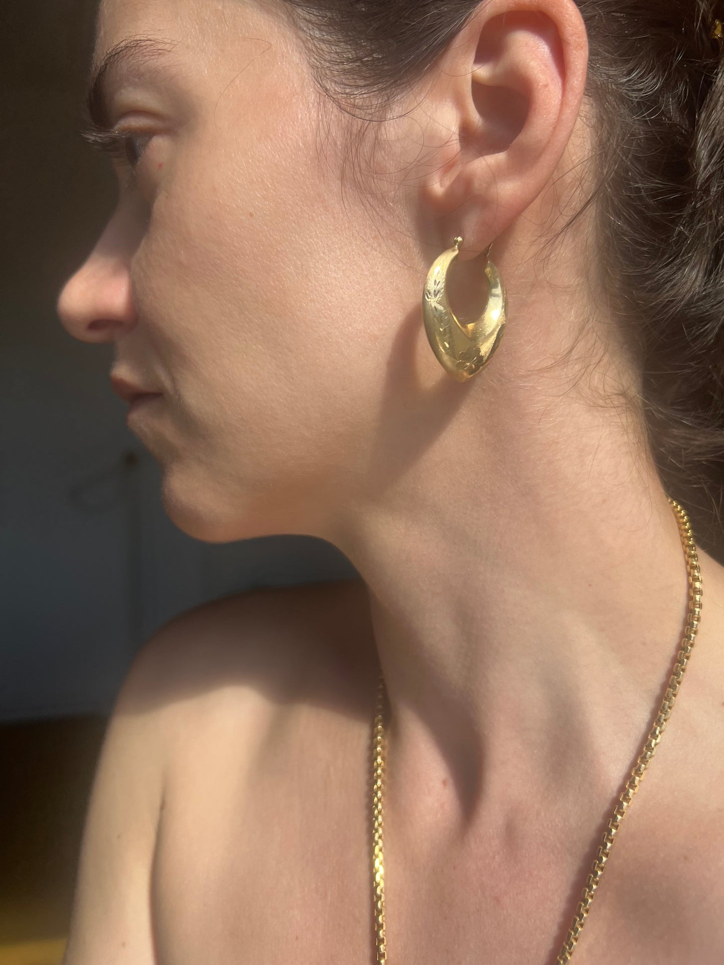 Hand Engraved Extra Fancy 14k Gold Puffy Hoops