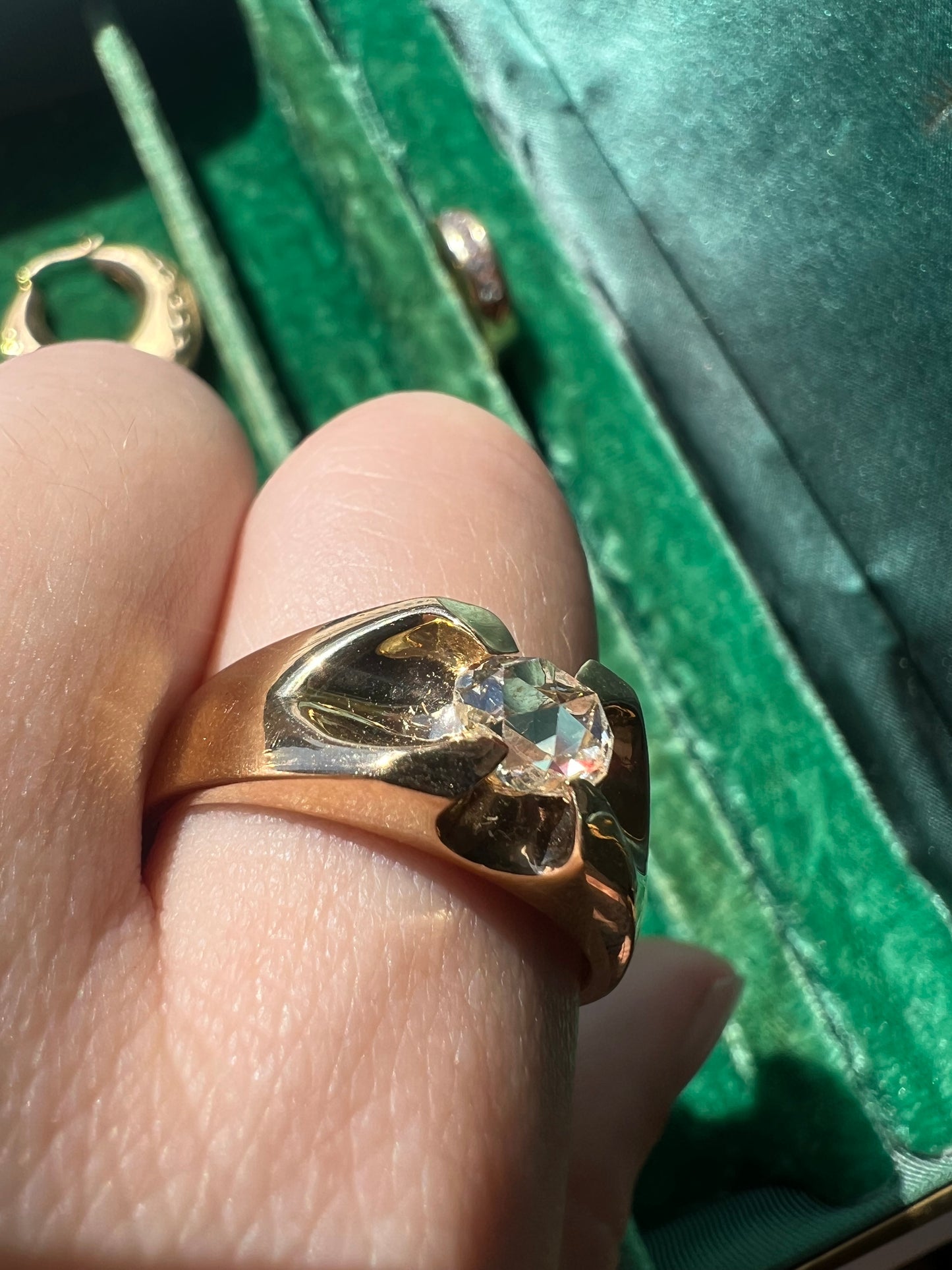 Heavy 14k Gold Vintage Belcher(ish) Ring with Oval Rosecut Diamond