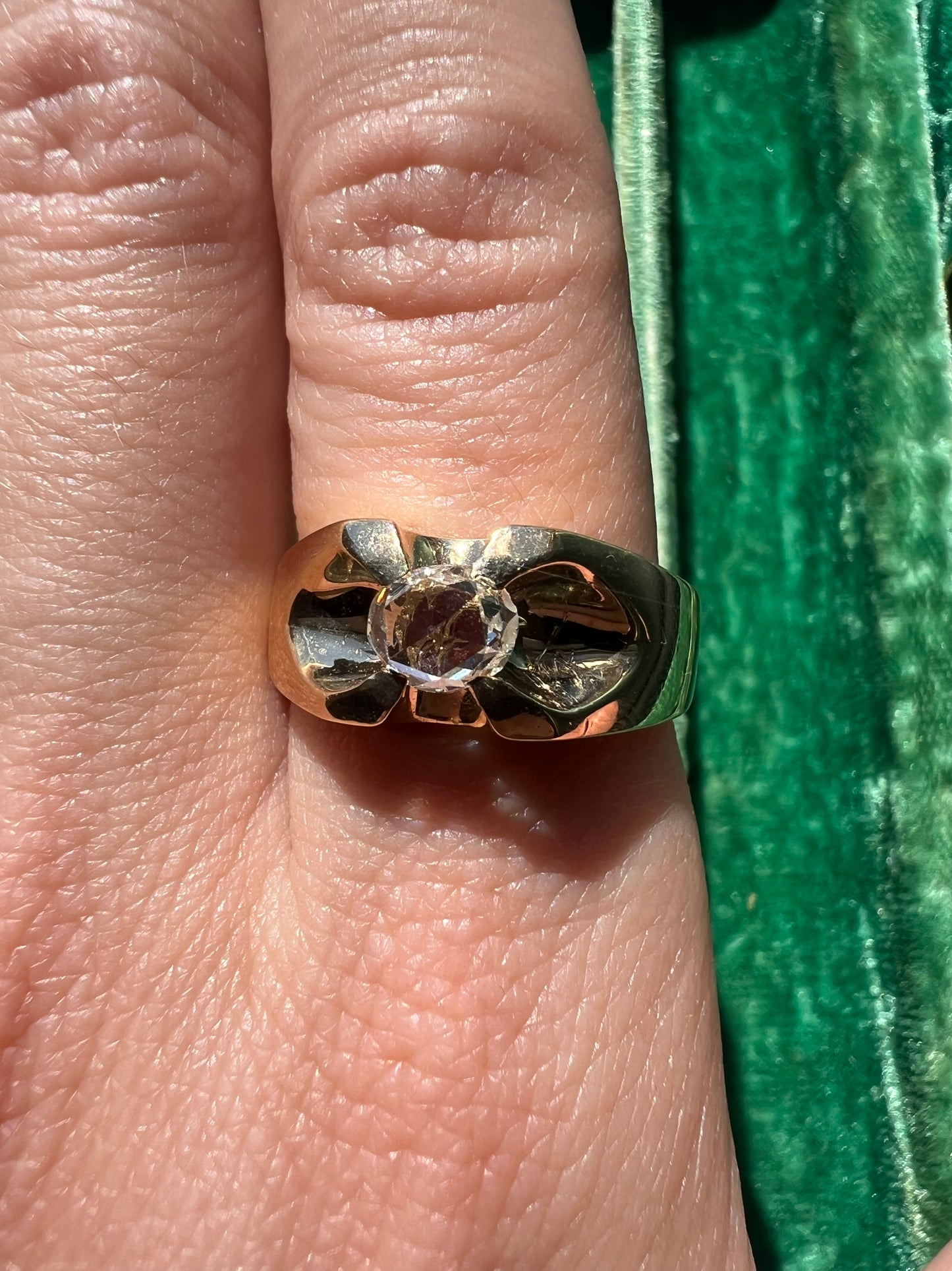 Heavy 14k Gold Vintage Belcher(ish) Ring with Oval Rosecut Diamond