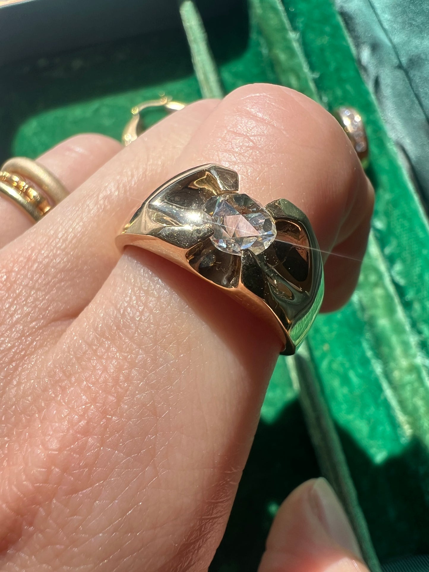 Heavy 14k Gold Vintage Belcher(ish) Ring with Oval Rosecut Diamond