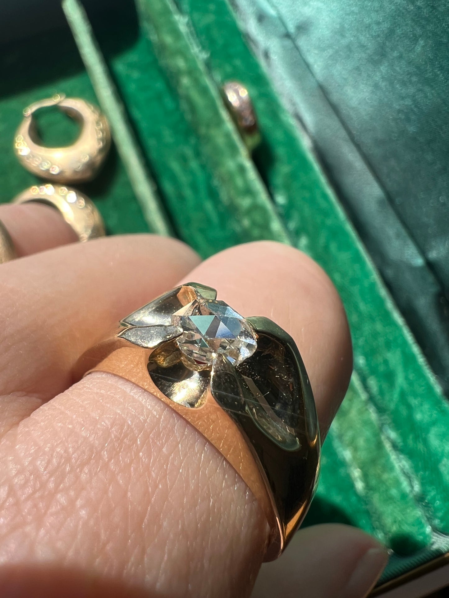 Heavy 14k Gold Vintage Belcher(ish) Ring with Oval Rosecut Diamond