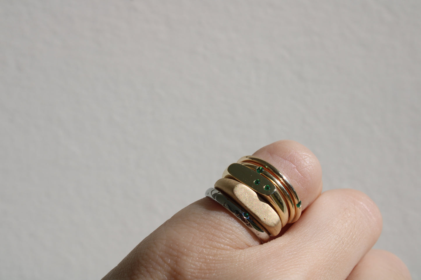 Everyday Solid Gold Pinky Ring with Flush Set Emeralds