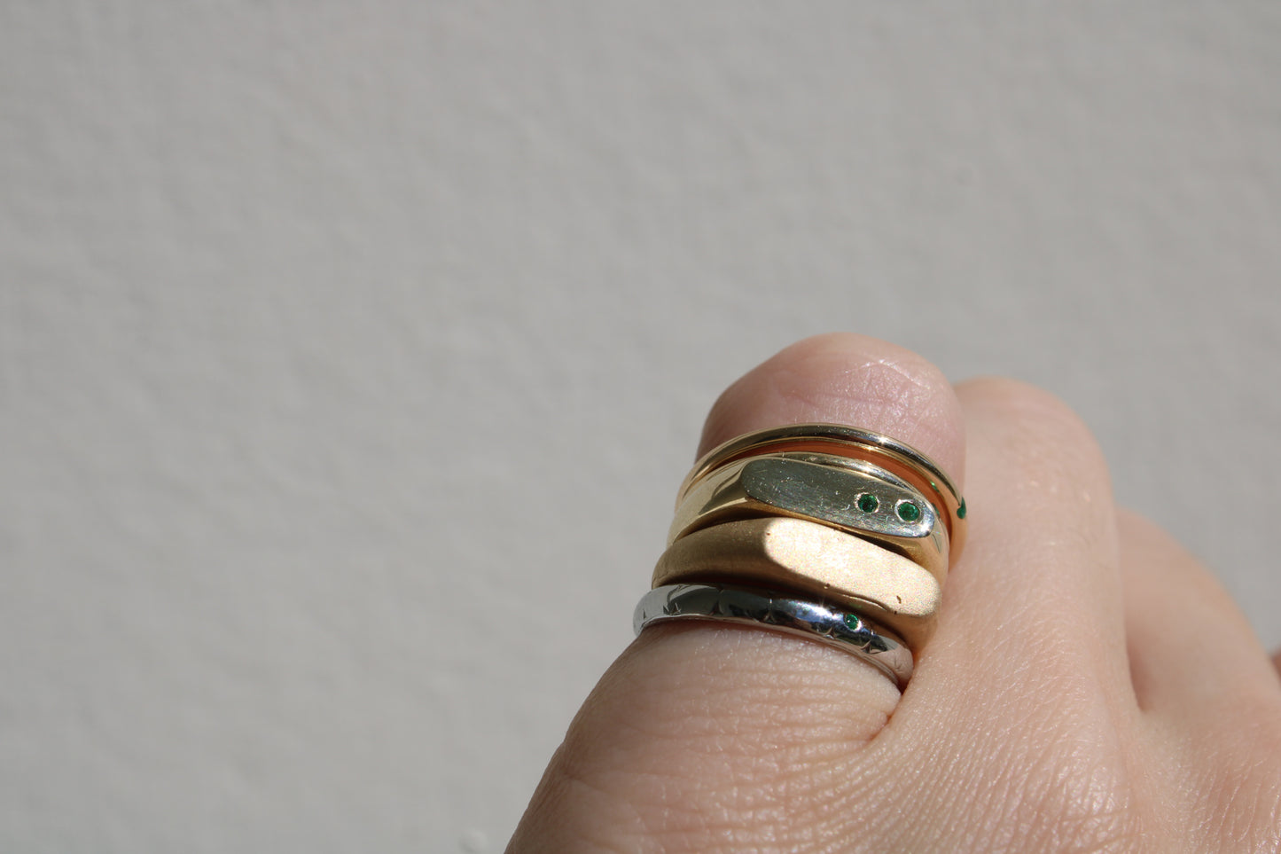 Everyday Solid Gold Pinky Ring with Flush Set Emeralds