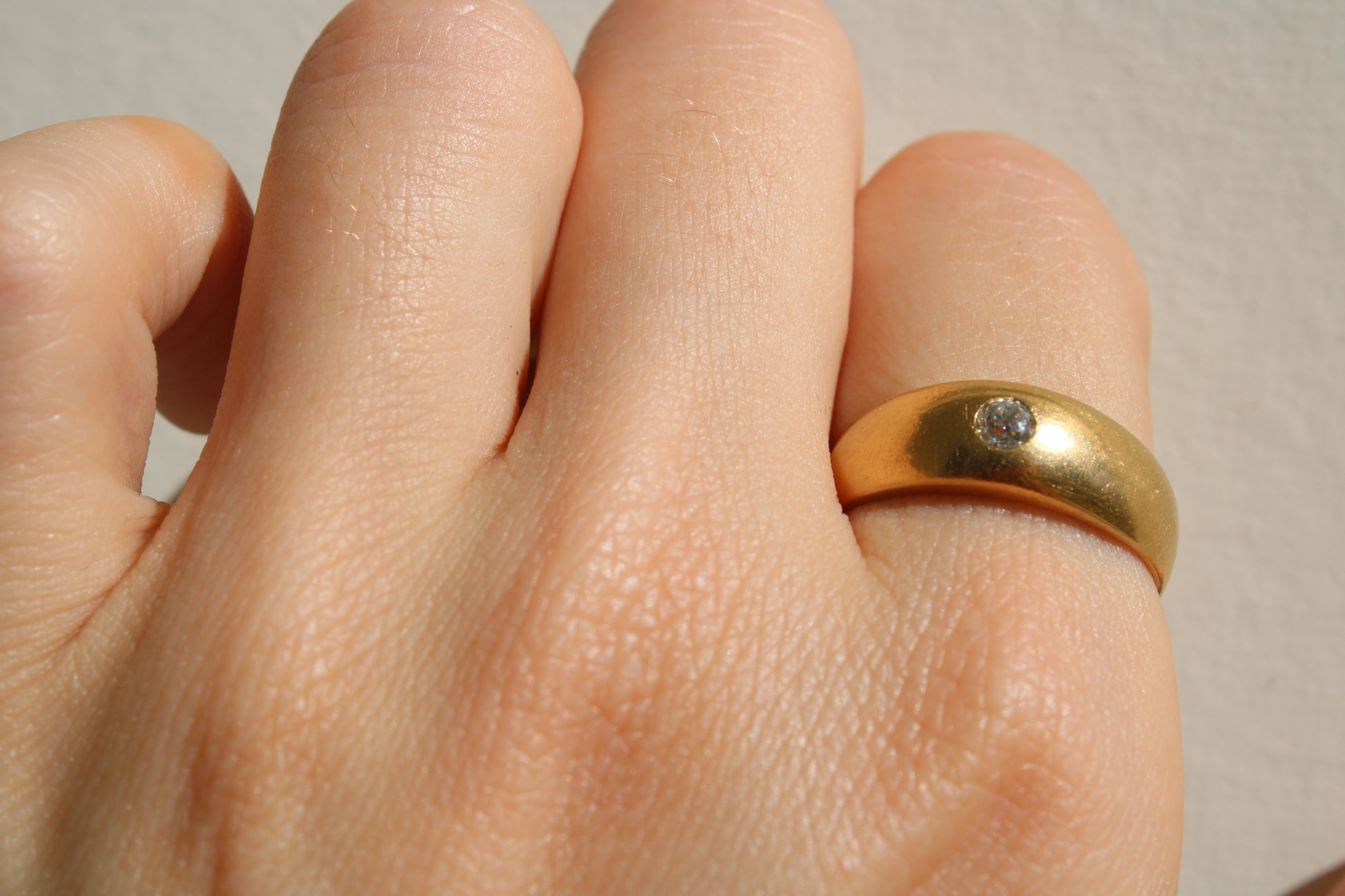 18k Solid Gold Ring with Flush Set Diamond - dunia jewelry - vintage gold - recycled gold