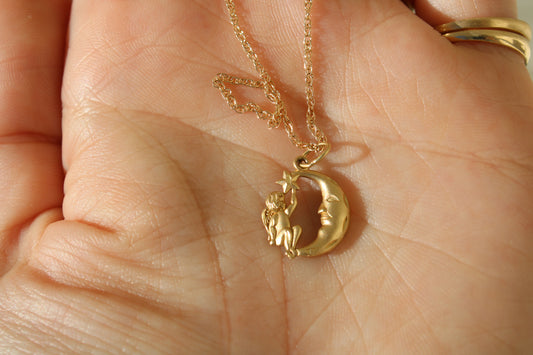 14k Yellow Vintage Gold Angel and Moon Charm