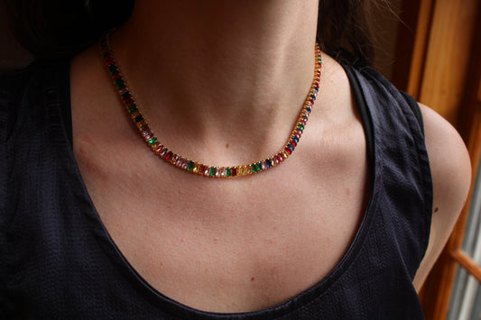 Rainbow Herringbone Baguette Tennis Necklace