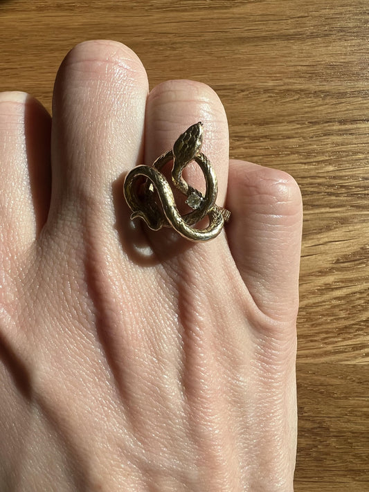 Antique 14k Solid Gold Snake Ring with Diamond
