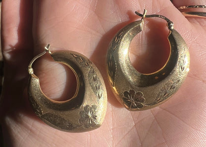 Hand Engraved Extra Fancy 14k Gold Puffy Hoops